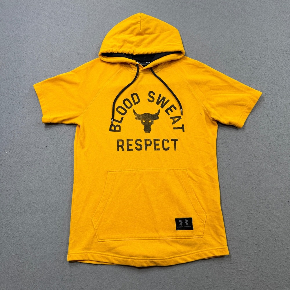 Under Armour Hoodie Men's M Yellow Loose Short Sleeve Project Rock Brahma Bull